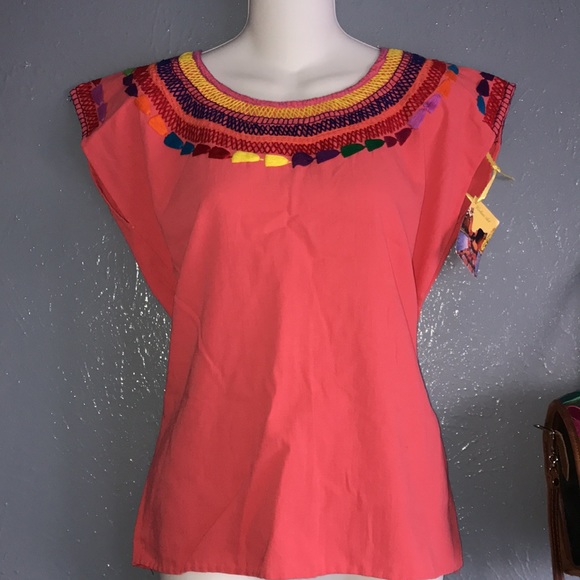 Rainbow Embroidered Mexican Artisan Coral  Top - Picture 5 of 11